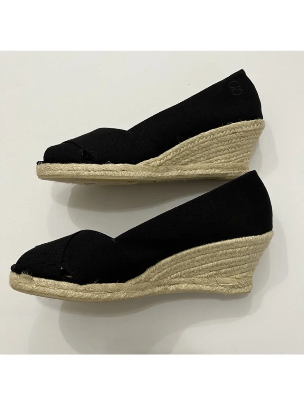 Talbots Black Canvas Peep Toe Sip On Espadrille Wedge Sandal